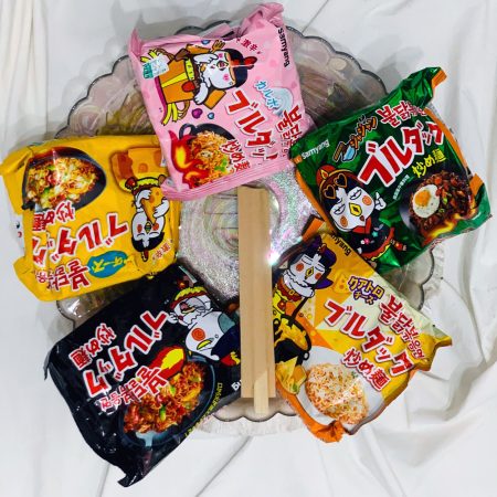 Samyang Ramen Value Pack – 5 Flavors in One Pack (Carbonara, Quattro Cheese, Cheese, Jjajang, and Original Hot Chicken) + 1 PAIR OF FREE CHOPSTICKS