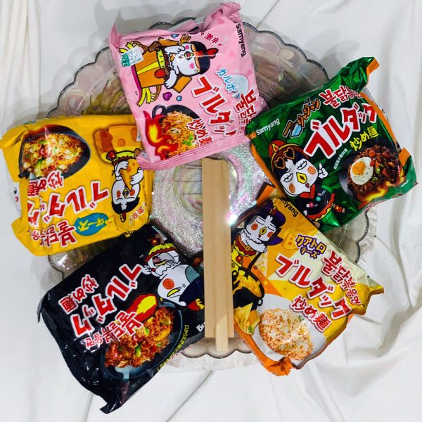 Samyang Ramen Value Pack – 5 Flavors in One Pack (Carbonara, Quattro Cheese, Cheese, Jjajang, and Original Hot Chicken) + 1 PAIR OF FREE CHOPSTICKS