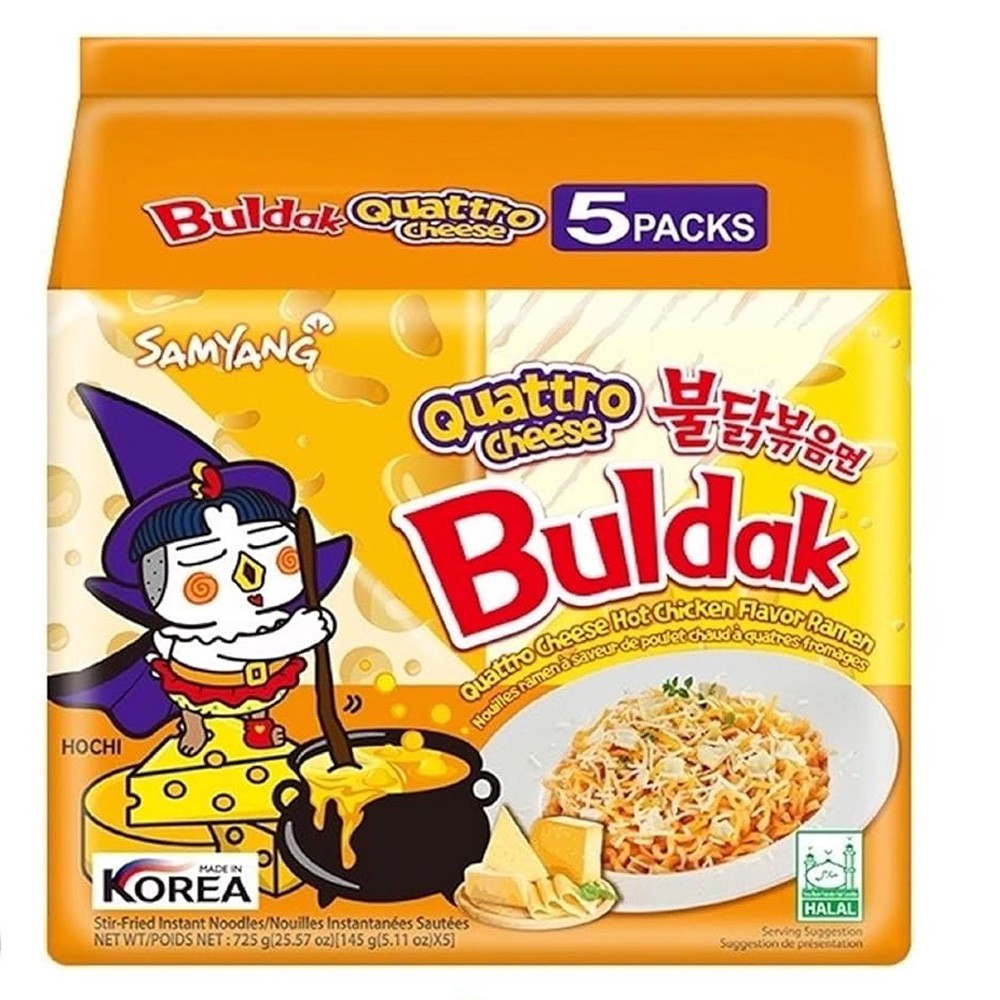 Samyang Buldak Quattro Cheese Ramen – Cheese Hot Chicken Flavor – Korean Spicy Instant Noodles - 5 Pack