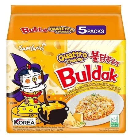 Samyang Buldak Quattro Cheese Ramen – Cheese Hot Chicken Flavor – Korean Spicy Instant Noodles - 5 Pack